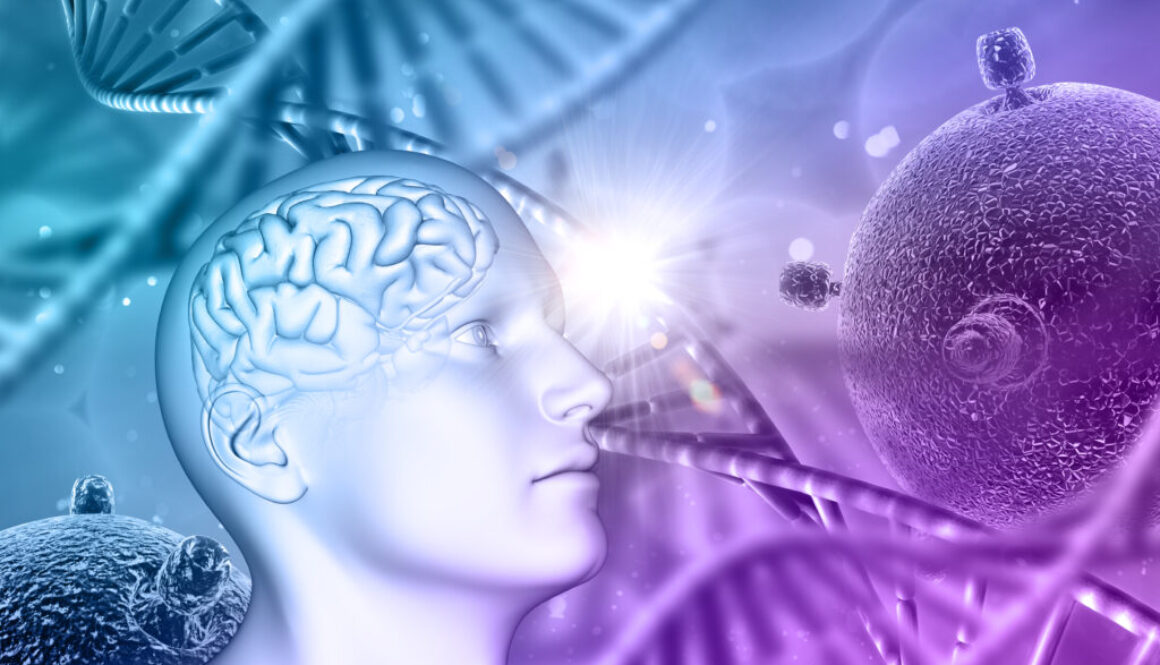 3D medical background with male head, brain, DNA strands and vir